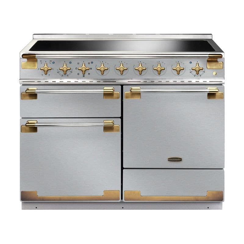 Stainless steel ELISE 110cm induction range cooker features a sleek design with brass accents, multiple knobs, and two spacious oven compartments.