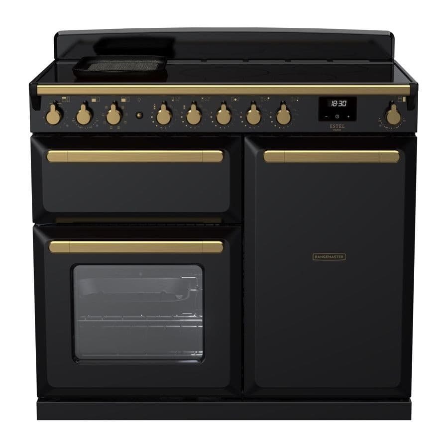 Black induction range cooker with antique brass knobs and handles, featuring two ovens, a sleek design, and a digital display for precise cooking control.