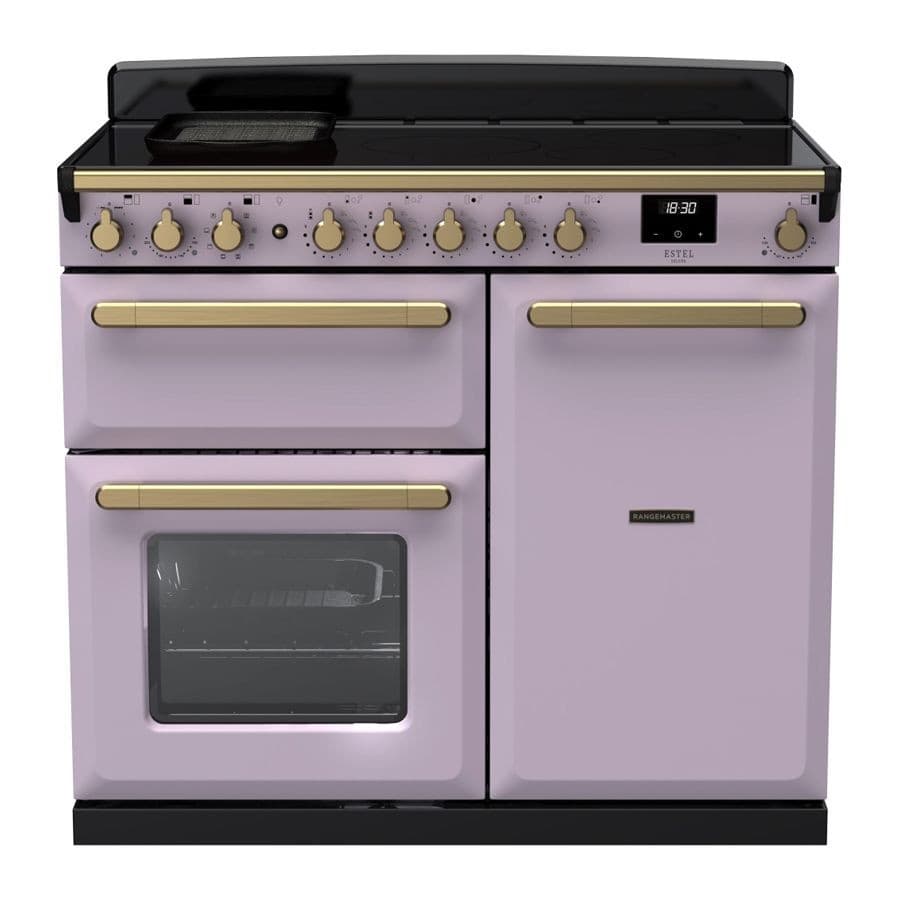 Estel Deluxe 100cm induction range cooker in heather with antique brass accents, featuring a sleek black top, multiple knobs, and a large oven with a glass door.