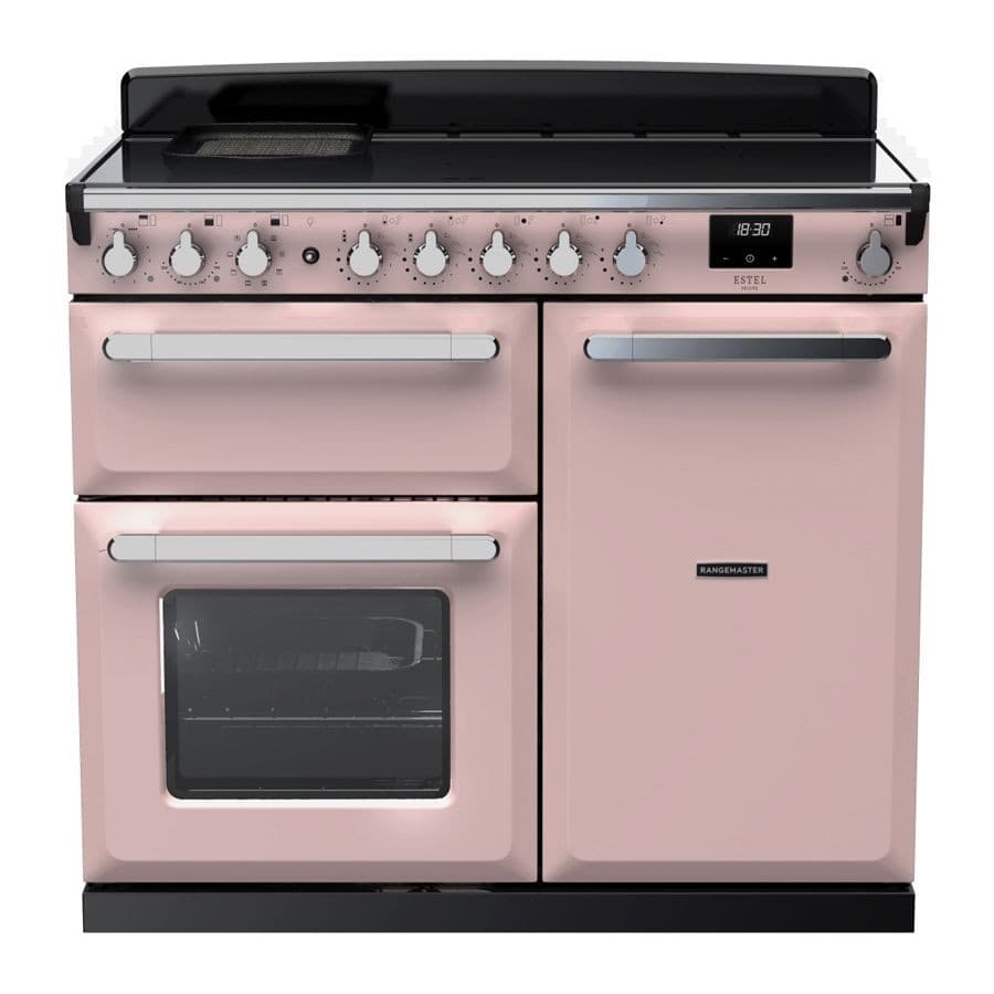Pale pink and chrome 100cm induction range cooker featuring five control knobs, dual ovens, and a sleek glass top with a griddle.