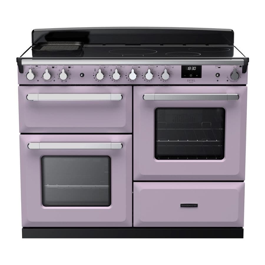 Rangemaster Estel Deluxe 110cm induction range cooker in heather and chrome, featuring a sleek black glass top, multiple dials, and two ovens with a modern design.