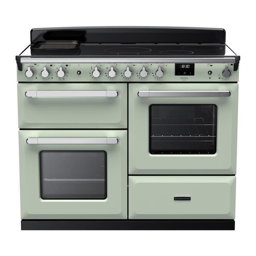 Mint green and chrome Rangemaster Estel Deluxe 110cm induction range cooker featuring four induction zones, two ovens, and a sleek black glass top with control knobs.