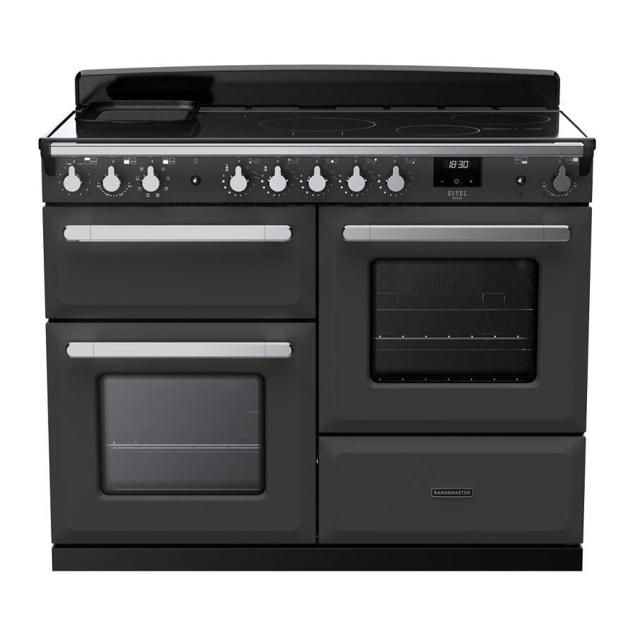 Slate grey induction range cooker with chrome accents, featuring four control knobs, two ovens, and a sleek, modern design, measuring 110cm in width.