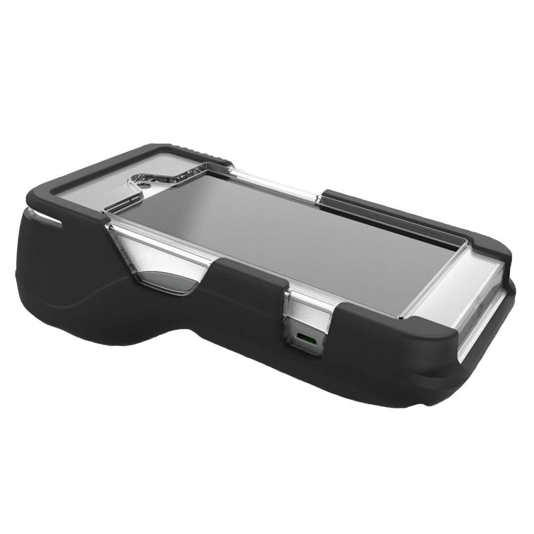 Black protective case for POS systems with a transparent top, featuring a rugged design and cutouts for ports, ensuring durability and accessibility.