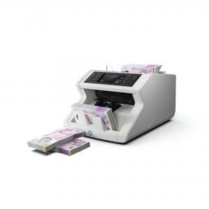 Grey Safescan 2210 banknote counter with a sleek design, featuring a digital display and multiple banknotes being counted, showcasing its efficiency and functionality.