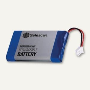 Rechargeable lithium battery for Safescan money counting machines, featuring a blue and silver casing with red and black wires, designed to power devices for up to 30 hours.