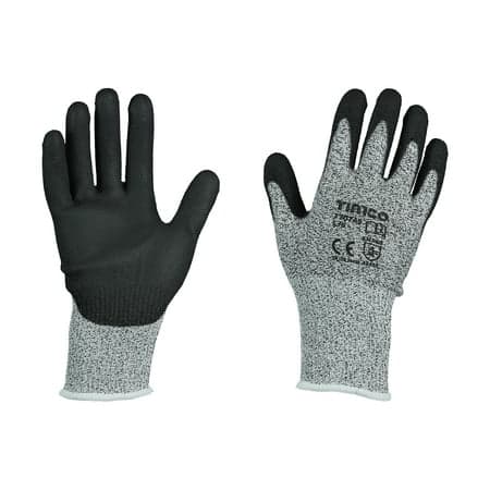 High cut gloves made of PU coated HPPE fibre with glass fibre, featuring a black palm and grey textured back, labeled with TIMCO branding and safety certifications.