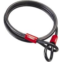 Black Abus Cobra loop cable, 10mm thick, 200cm long, with red connectors and a flexible coiled design.