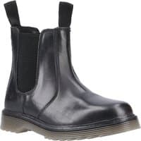 Black leather Chelsea boot with elastic side panels and pull tabs, featuring a chunky brown sole.