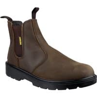 Brown Amblers Safety pull-on dealer boot with elastic side panels and black rubber sole, size 4.