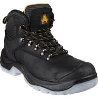 Black Amblers Safety hiker boot, size 10, with yellow accents, metal eyelets, padded collar, and rugged sole.