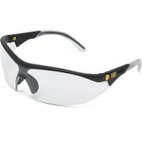 Caterpillar protective eyewear with clear lenses, black and gray frame, and yellow CAT logo on the temple.