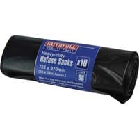 Black Faithfull heavy-duty rubbish sacks roll with blue label, 10-pack, 73.5x97cm size.