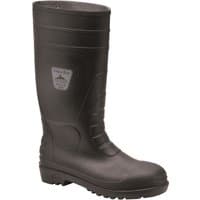 Black Portwest Classic Safety Wellington Boots, UK 9, with reinforced toe and textured sole for grip.