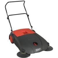 Black and red Sealey FSW80 floor sweeper with dual side brushes and push handle.