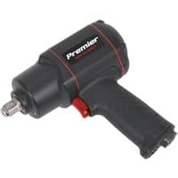 Black Sealey twin hammer air impact wrench with red accents and 1/2" drive, ergonomic handle and compact design.