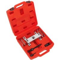 Red plastic case containing Sealey VS2075 BMW Diesel Injector Puller Set with metal components and black handles.