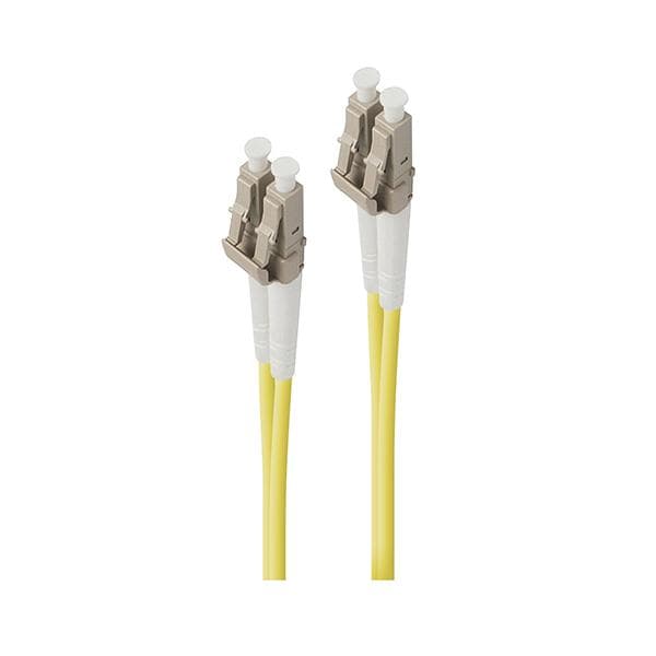 Yellow 2M LC to LC single-mode duplex LSZH fiber cable with two connectors featuring gray and white clips for secure connections.