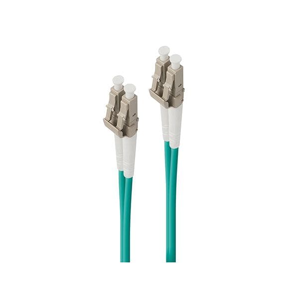 Green 3m LC-LC duplex fiber optic cable with a 50/125 OM4 specification, featuring two connectors with beige housings and white protective caps on each end.