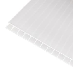 Clear amber 10mm twinwall polycarbonate roofing sheet, measuring 690 x 4000mm, features a translucent design with vertical grooves for enhanced strength and light diffusion.