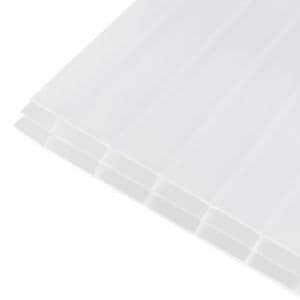 Translucent clear polycarbonate roofing sheet with a 16mm thickness, featuring a multiwall design and measuring 690 x 4000mm, showcasing ribbed texture for strength.