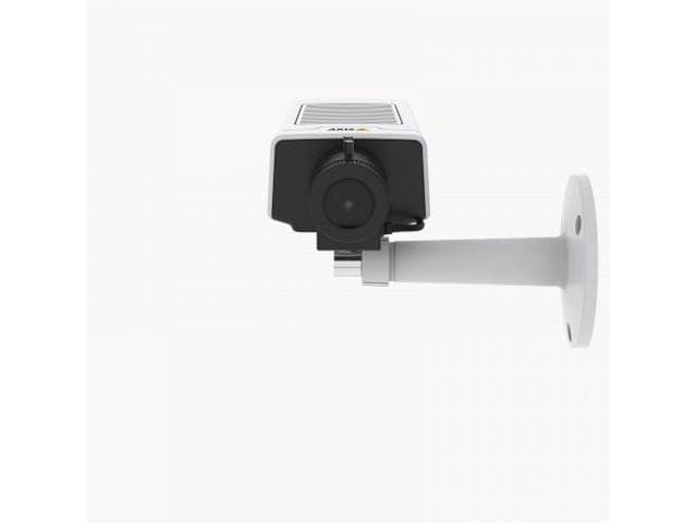 Monochrome indoor network camera with a sleek white casing, featuring a lens at the front and a sturdy wall mount for secure installation.