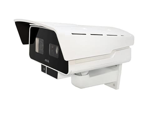 White surveillance camera with a sleek design, featuring a black front panel and two lenses, mounted on a wall bracket with ventilation slits on top.