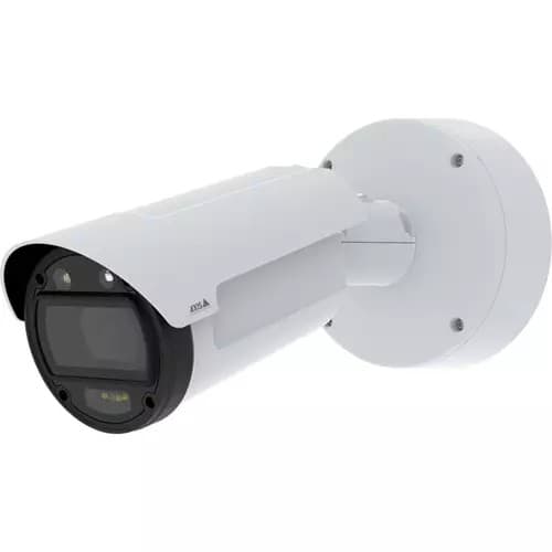 Robust white outdoor bullet camera with a black front, featuring a 10MP sensor, night vision capability, and a 50-150mm Canon lens, mounted on a circular base.