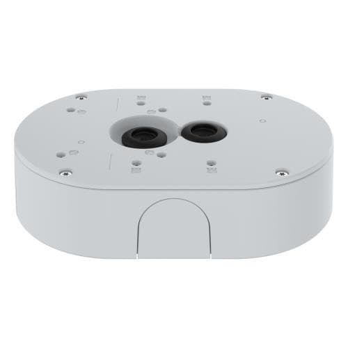 Oval, white outdoor-ready impact-resistant conduit back box with two cable entry points, multiple mounting holes, and a smooth surface for easy installation.