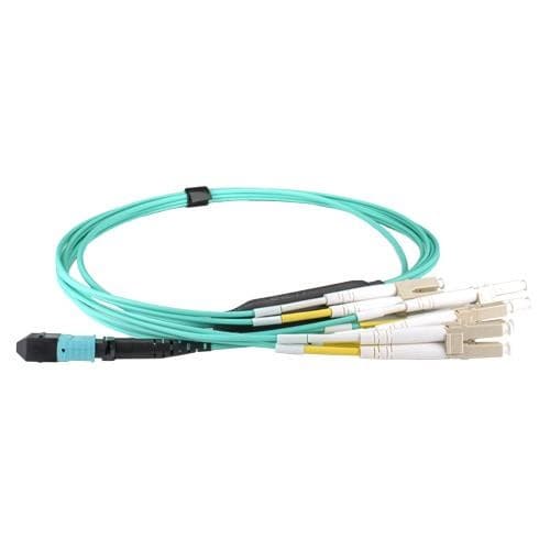 MPO-12BO4LC1 InfiniBand/fibre optic cable, 1 meter long, featuring an aqua-colored LC connector with four white and yellow connectors, designed for high-speed data transmission.