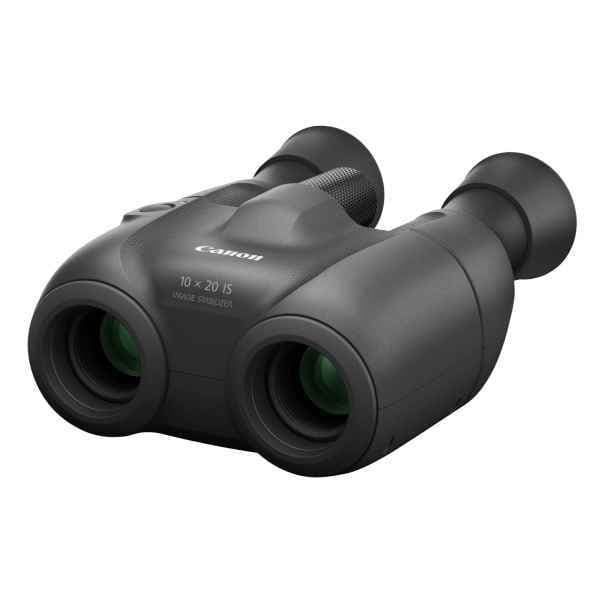 Compact black Canon 10x20 IS binoculars featuring a sleek design, large objective lenses, and textured grip for easy handling, ideal for travel and outdoor use.