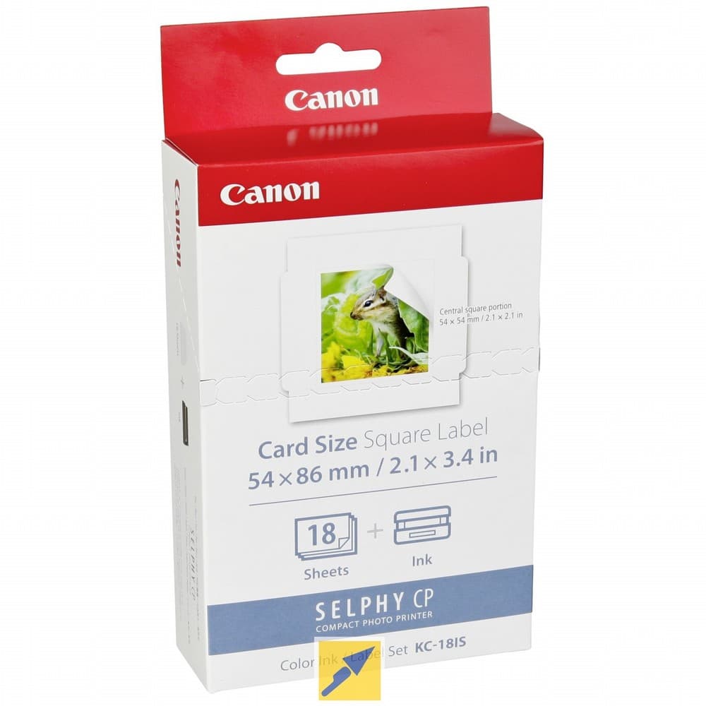 Canon KC18IS Color Ink pack featuring a red and white box, containing 18 sheets of square labels (54 x 86 mm) for the Selphy CP printer, with a vibrant image of a lizard on the front.