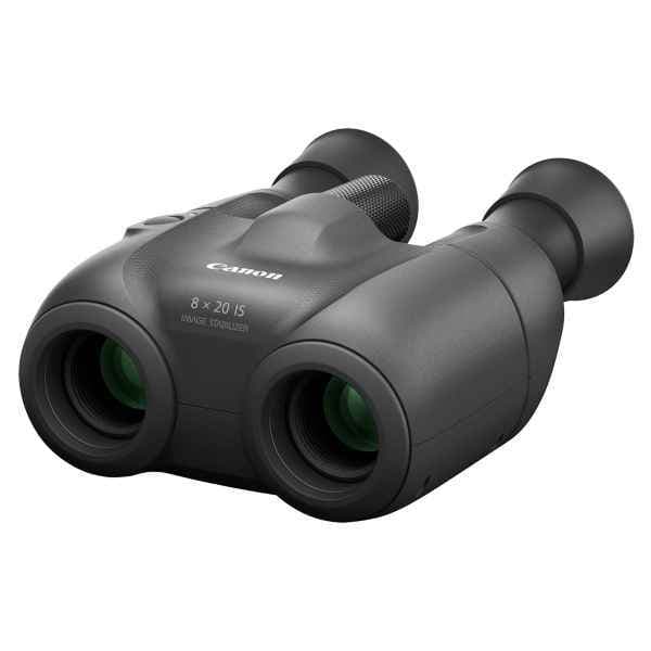 Compact black Canon 8x20 IS binoculars featuring a lightweight design, textured grip, and green-tinted lenses, ideal for travel and outdoor use.