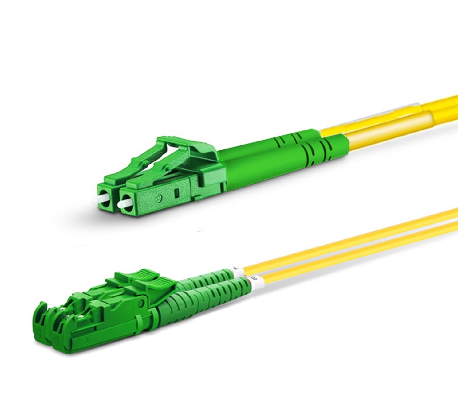 Green E2000/APC to LC/APC fiber cable with a duplex design, featuring two yellow fiber strands, ideal for single-mode applications, measuring 2.0 meters in length.