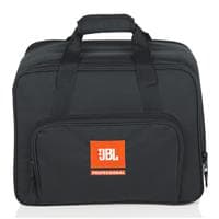Black carrying case with dual handles, featuring a prominent orange JBL logo on the front, designed for transporting the EON One Compact PA system.