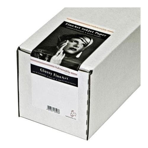 White box containing Hahnemühle Photo Rag Baryta fine art inkjet paper, featuring a black and white portrait on the label, with a glossy finish and details about the product.
