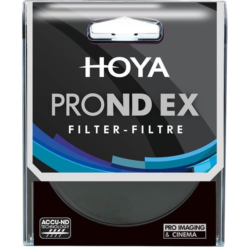 Hoya 55MM PRO ND EX 64 filter packaging features a sleek black design with blue accents, showcasing the product name prominently in white text.