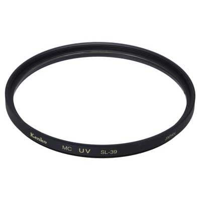 Black 43mm Kenko REALPRO UV filter with a smooth metal frame, labeled "MC UV SL-39" in gold lettering, designed to reduce UV light and enhance image clarity.