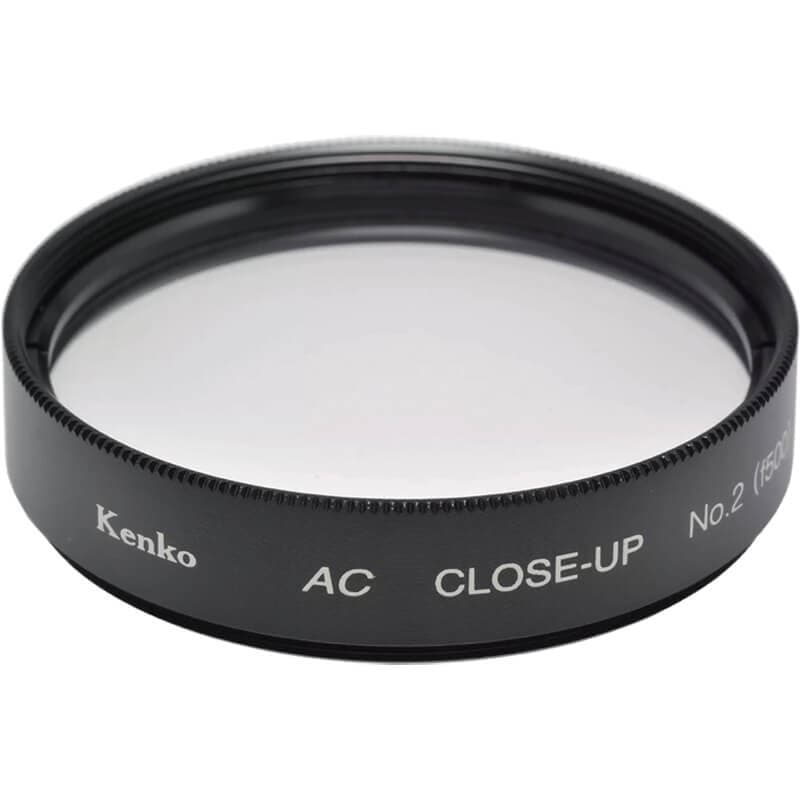 Black 52mm Kenko AC CLOSE-up No.2 MC filter with a smooth rim and clear glass, designed for macro photography to enhance close-up shots.