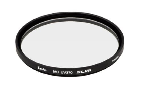 Kenko MC UV370 Slim 52mm ultraviolet camera filter featuring a slim black metal frame and a clear glass lens, labeled with "Kenko" and "SLIM" in white text.