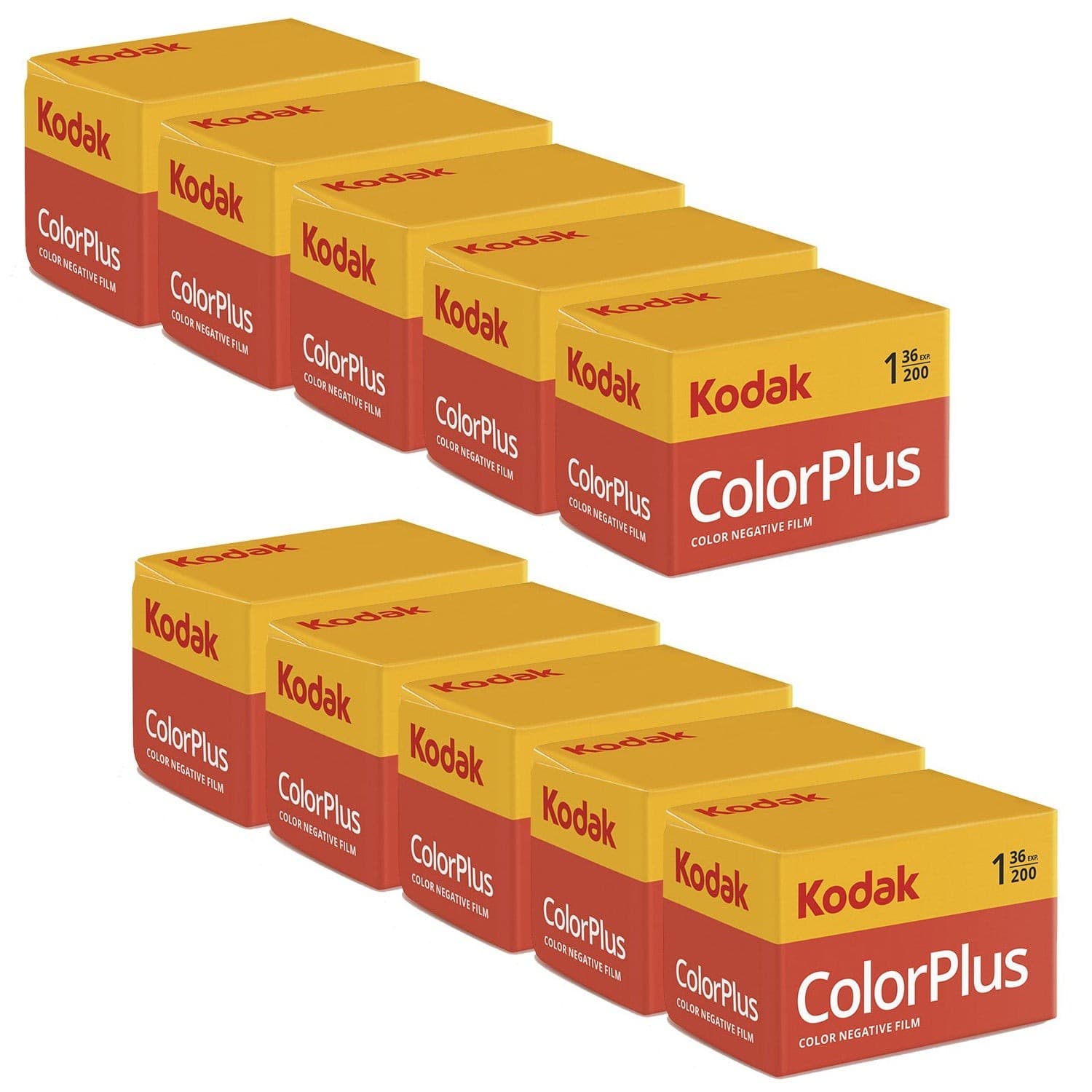 Ten yellow boxes of Kodak Color Plus 200 film, each labeled with "ColorPlus" in red, featuring 36 exposures per roll, stacked in two rows.