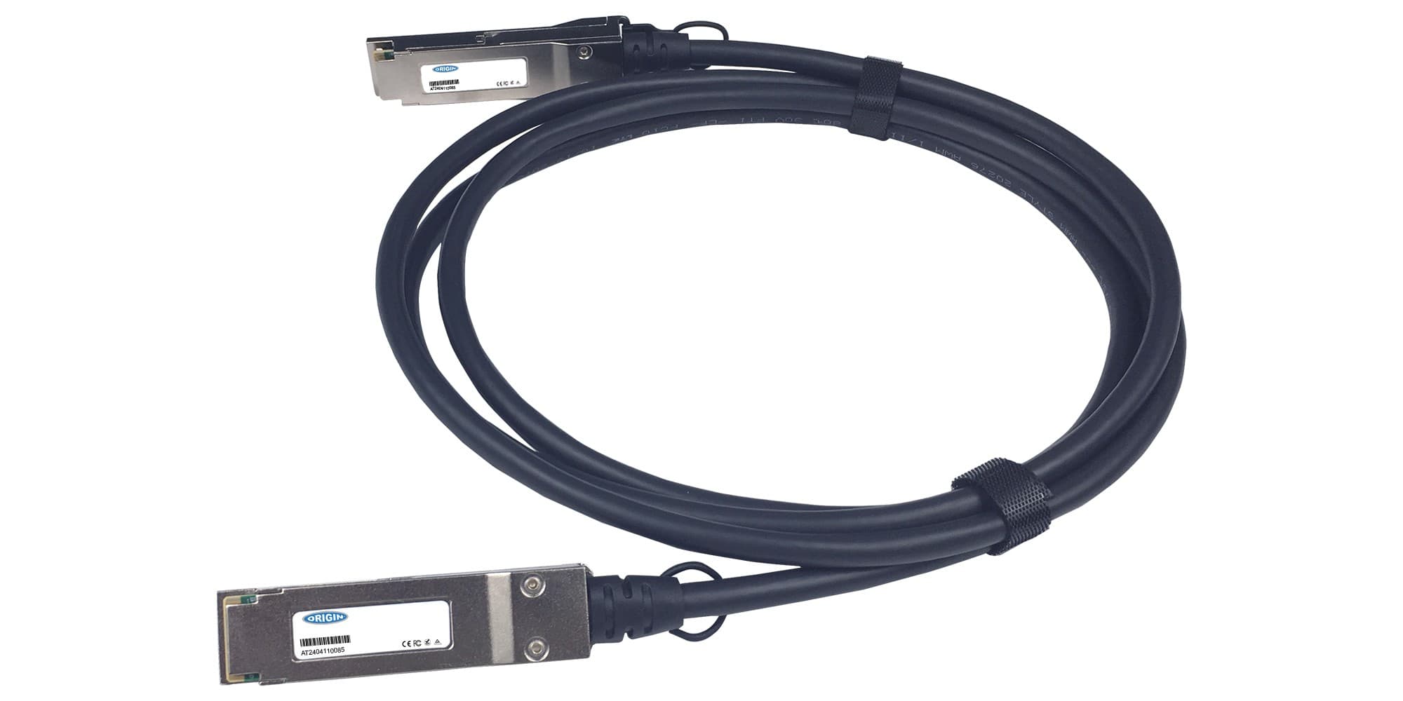 Black direct attach copper cable with two metal connectors, labeled with blue and white Origin Storage branding, designed for Intel compatibility, measuring 50 cm in length.