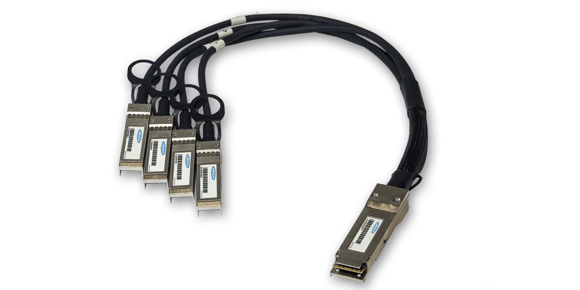 Direct Attach Copper Breakout cable with a black flexible cable, featuring one SFP+ connector on one end and four SFP+ connectors on the other, designed for Dell compatibility.