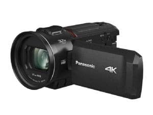 Panasonic HC-VX3E-K 4K camcorder in black, featuring a sleek design, 24x optical zoom lens, and a prominent "4K" logo on the side.