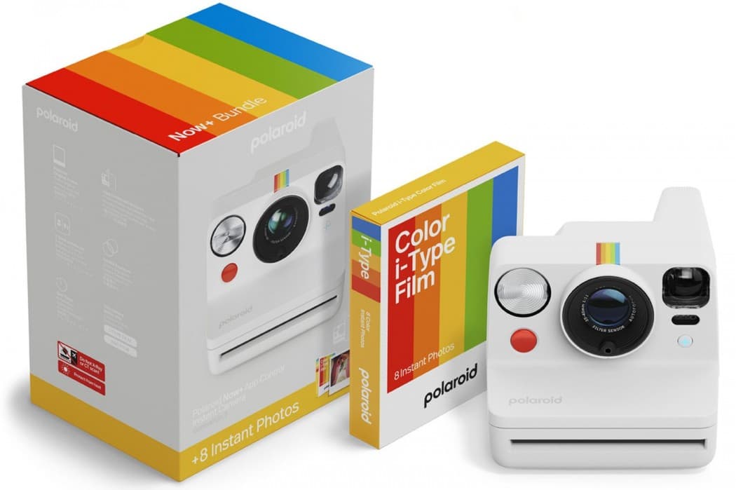 White Polaroid Now+ Generation 3 instant camera with a colorful stripe design, accompanied by a bundle box of Color i-Type Film for 8 instant photos.