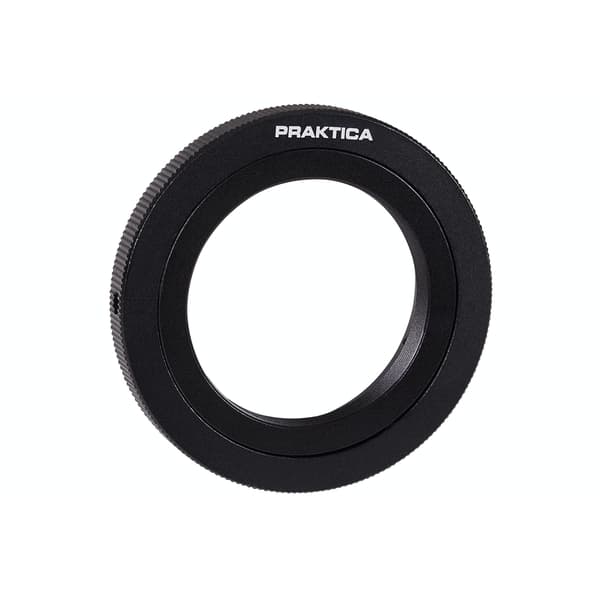 Black metal Praktica T2-EOS-EF camera lens adapter with a textured grip and engraved logo, designed for connecting T2 lenses to Canon EF camera bodies.