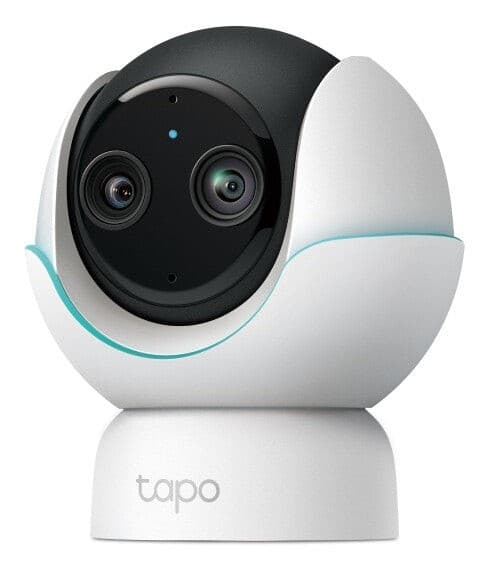 White and black network surveillance camera with dual lenses, a smooth rounded design, and a light blue accent, featuring pan and tilt capabilities for versatile monitoring.