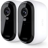 White and black Arlo Essential 3 2K security cameras, sleek oval design, dual lens setup.