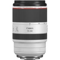 White Canon RF 70-200mm F2.8L IS USM lens with black grip and red ring near the top.