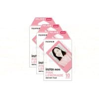 Fujifilm Instax Mini Pink Lemonade film pack of 30 with pink borders and smiling woman on box.